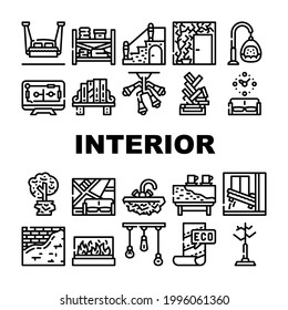 Iconos Set Vector de colección de diseño de estilo interior. Cama Y Silla Colgadas, Planta De Árboles En Casa Y Muebles De Interior De Lavabo De Piedra Sólida. Ilustraciones