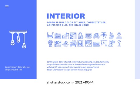 Interior Style Design Landing Web Page Header Banner Template Vector. Hanging Bed And Chair, Tree Plant In House And Solid Stone Washbasin Interior Furniture Illustration