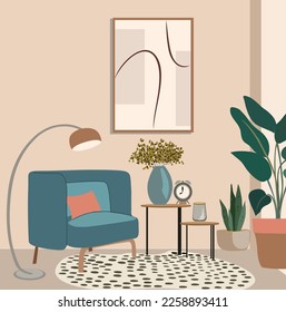 Interior with stylish comfy furniture, home decorations, wall art, potted plants. Cozy living room, apartment furnished in trendy Scandinavian, Mid century modern, hygge style. Vector illustration.