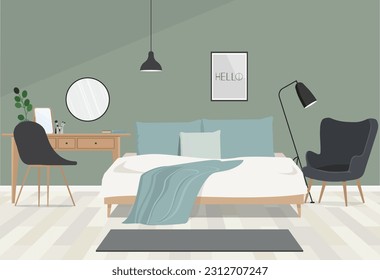 Interior of stylish room with big bed and mirror