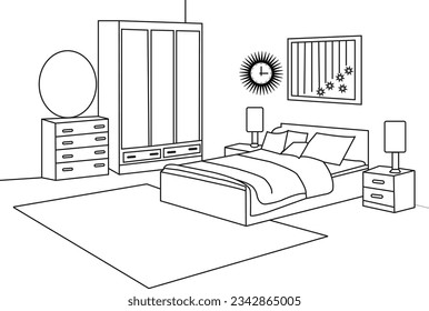 Interior of stylish room with big bed and wall clock and table lamp