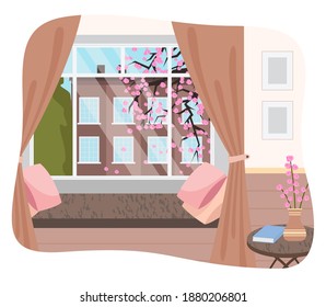 Interior of stylish room with comfortable couch and pillows, table with blooming branch and book, urban building, cozy place for rest and look at street, spring outside, flat design of home room