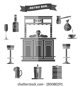 Interior and subjects of bar in a retro style. A bar counter with the bartender. Icons with a banner in gray color.