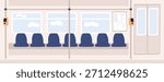 Interior of subway train. Bus or trolleybus. Railroad transportation. Comfortable wagon. Empty public transport cabin with seats, handrails and fare payment terminals. Vector railway carriage inside
