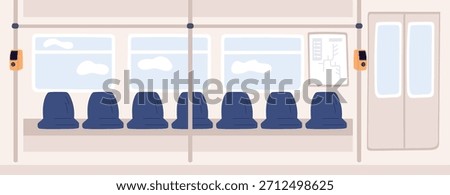 Interior of subway train. Bus or trolleybus. Railroad transportation. Comfortable wagon. Empty public transport cabin with seats, handrails and fare payment terminals. Vector railway carriage inside