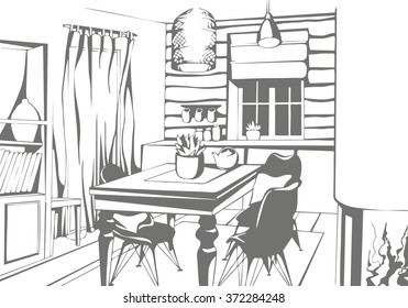 Interior of a summer house, scalable vector graphic