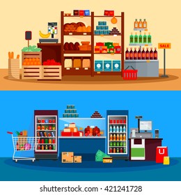 Interior Of Supermarket Banners With Beverages Cheese Meat In Refrigerators Scales And Checkout Counter Isolated Vector Illustration 