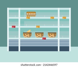 The interior of a supermarket with empty shelves. Food crisis. Vector illustration