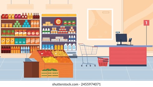 Interior de un supermercado. Tienda de comestibles. Mostradores con productos, caja registradora. Minoristas. Ilustración vectorial