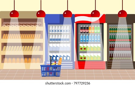 Interior of a supermarket. A supermarket with showcases and shelves. Products on the shelves. Flat design, vector illustration, vector.