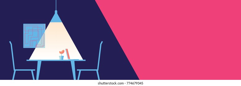 Interior with an table, chair, potted plant, notebook, lamp and picture frame in wall. Background color blue and pink style.