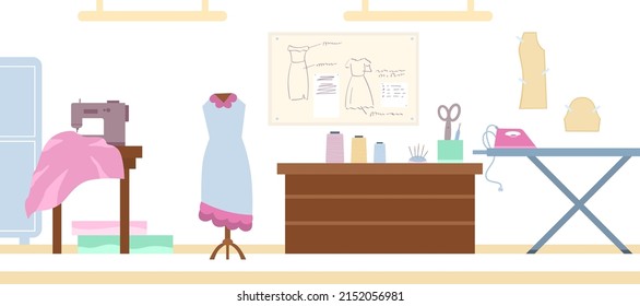 Interior of a tailor shop, vector flat illustration. Workshop for tailor, master, dressmaker. Tailoring of dresses, shirts, clothes.