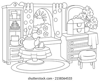 El interior del salón de té. Esquema de la página de color de la caricatura. Ilustración más profunda, libro de colorear para niños.