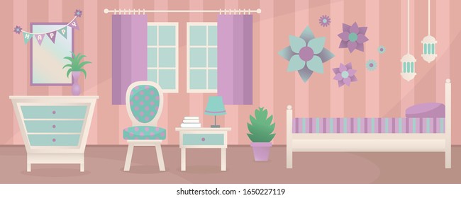 Interior of a teenager girl's bedroom background. Furniture in a girl's room vectors. Chic modern indoors.
