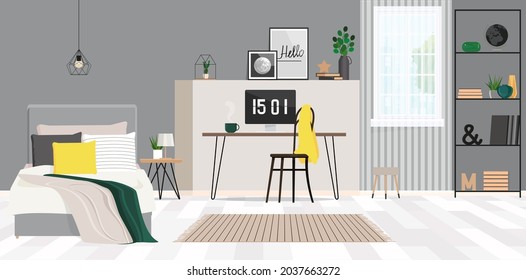 Interior of a teenager's room in gray tones with a workplace.