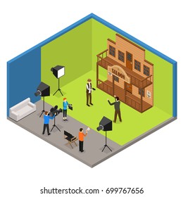 Interior Television Studio Isometric View Furniture, Equipment, Worker and Actors People Cinema Wild West. Vector illustration of film making