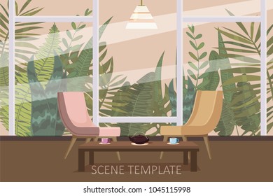 Interior template design of residential or living rooms with armchairs and a tea table on the background of window tropical plants and leaves, cartoon style, isolated, vector, illustration
