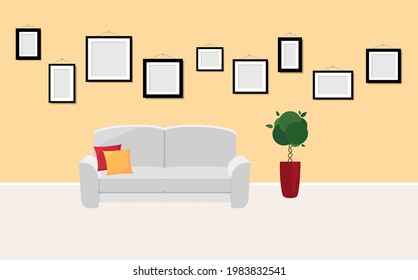 Interior template in gallery or photo exhibition. mockup for photos or pictures. Sofa stands in room against background of the wall with pictures. Vector illustration  