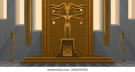 Interior of a temple with a golden statue of a goddess in retrofuturism style. A floating statue of a four-armed woman with flowing hair. Altar, symbols of the moon and sun, panel with hieroglyphs.