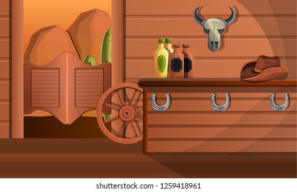 Interior of texas saloon bar concept banner. Cartoon illustration of interior of texas saloon bar vector concept banner for web design