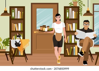 In the interior there is a girl, a waitress, who carries a tray in her hands, and a male visitor reading a newspaper. The door and bookshelves in the interior of an anti-cafe with a cute kitty.