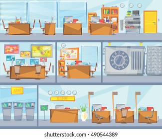 the interior of the three floors of the bank. vector illustration.