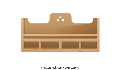 Interior three tiered wooden shelf template. Carved frame with long shelf and cells for books and utensils realistic rack for home and office vector interior.