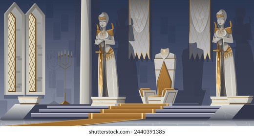 Interior of the throne room with statues. Royal throne decorated with marble. Statue of a female warrior with a sword on a pedestal. Palace architecture made of marble and gold. Fantasy vector cartoon