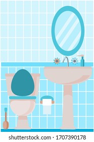 Interior toilet in a flat style. Vector illustration. WC with furniture. Toilet and wash-basin. Cute room in blue tones. 