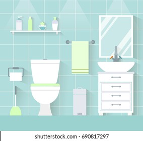 Interior Toilet In A Flat Style. Vector Illustration. WC With Furniture.