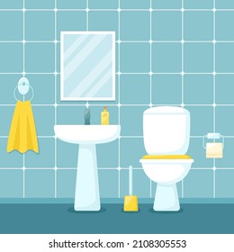 Interior del cuarto de baño con lavabo, espejo y aseo, ilustración vectorial