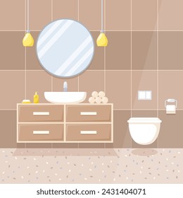 Interior de la sala de inodoro con lavabo, espejo y baño, ilustración vectorial