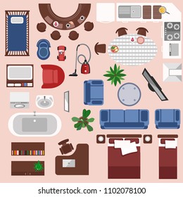 Interior top view elements set. Bedroom, nursery, living roon, kitchen, bathroom. Apatrment furniture set.