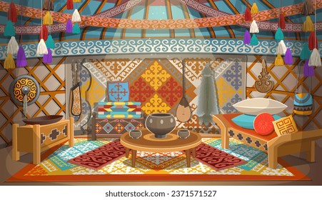 Interior of a traditional Kazakh yurt house inside, aul. Interior of a yurt with a bed, table, wardrobe, wash basin, dombra, wolf skin. Cozy interior in cartoon style.