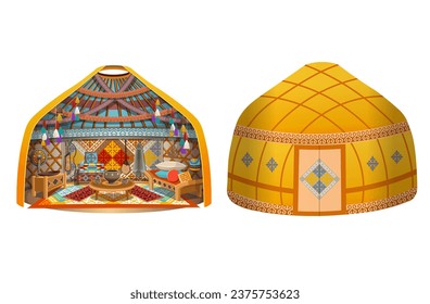 Interior of a traditional Kazakh yurt house inside, aul. Interior of a yurt with a bed, table, wardrobe, wash basin, dombra, wolf skin. Cozy interior in cartoon style.