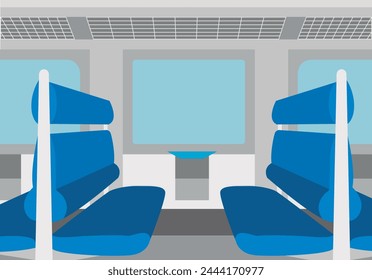 Interior of a train with blue seats.