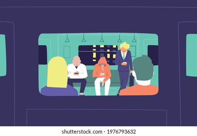 Interior of train, night scene. Passengers in silence looking at the mobile. Vector illustration.