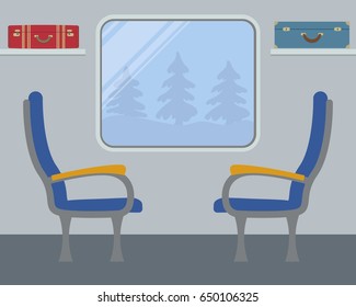 Interior of the train. Places in the train car. There are two blue armchairs, a window, suitcases on the shelves in the picture. Outside the window are the trees. Vector illustration.