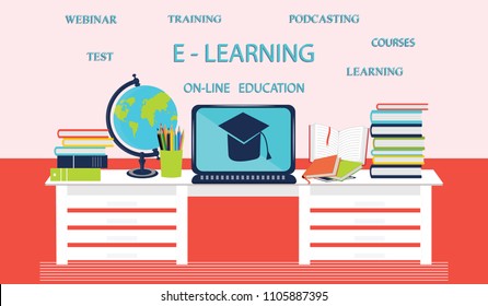 Interior of training room - table, computer, globe, books - art vector illustration. - Conceptual education and online learning