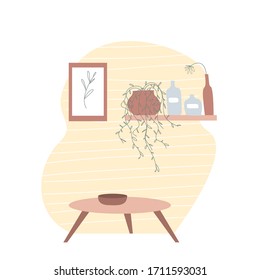 Interior in a trendy Scandinavian style. A coffee table with a vase, a shelf with plants in pots. Picture in a wooden frame on the wall. Vector flat illustration hand drawn on a white background.