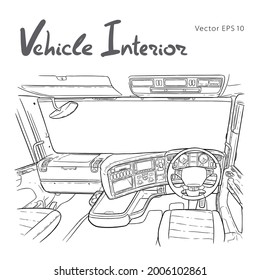 Interior Of The Truck Cab. Freehand Vector Illustration