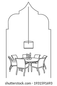 Interior with a Turkish, Arabian or Indian style architecture. Sketch of dining room set.