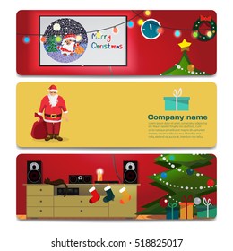 Interior with TV and stereo system decorated for Christmas. Sale discount gift card. Branding design for the gift shop and holiday sales