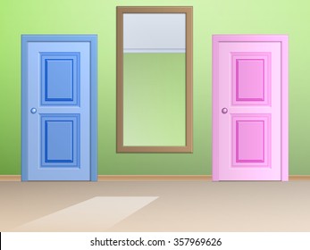 The interior with two doors and a wall mirror between them.