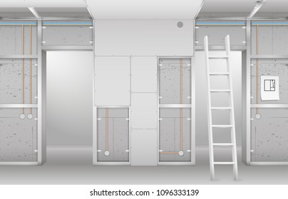 Interior under construction. Frame drywall, design and complete living room. Vector graphics