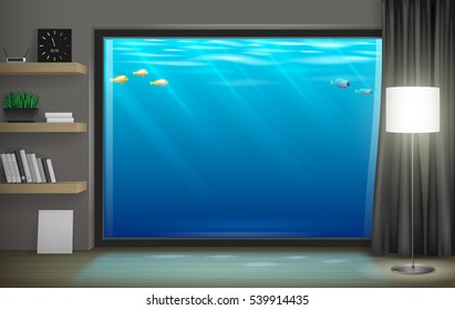 Interior underwater hotel with panoramic window. Vector graphics. Transparent glass