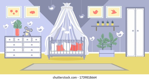 interior of a universal children's room Crib with sides and canopy Modern flat style interior with furniture and fittings Wardrobe chest of drawers ficus paintings birds Vector stock illustration