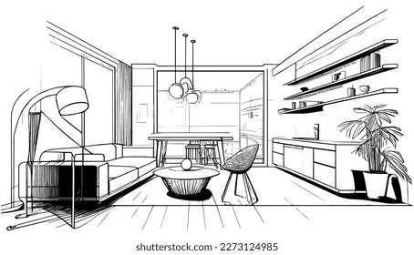 Ilustración de línea negra vectorial interior aislada en blanco. Dibujo artístico
