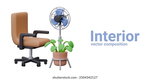 Interior vector composition on white background. Realistic armchair, floor fan, green plant in pot