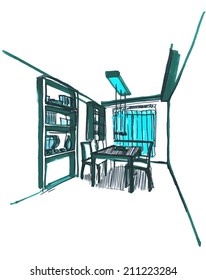 Interior vector drawing. Architectural design. Dining room sketch.
